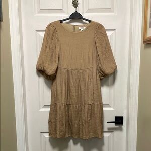 ANDREE BY UNIT | Tan | Puff Sleeve | Tiered | Boho | Neutral |Mini Dress |Size S